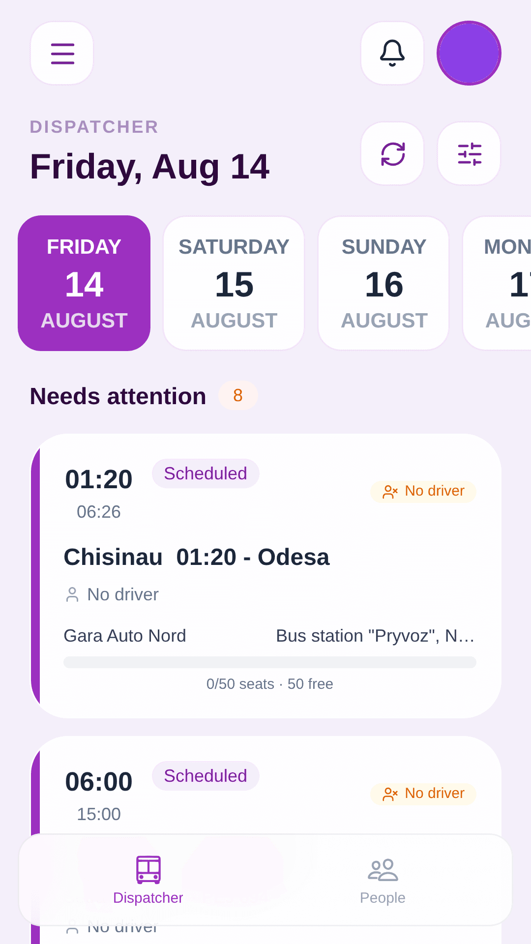 The mobile app showing a dispatcher's departures for the day