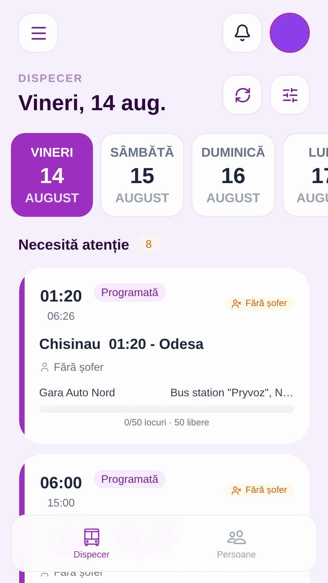 Aplicația mobilă cu plecările zilei pentru un dispecer
